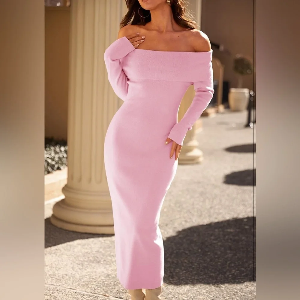 COPY - MEROKEETY Off Shoulder Bodycon Sweater Formal Long Sleeve Elegant Maxi … - Picture 1 of 2